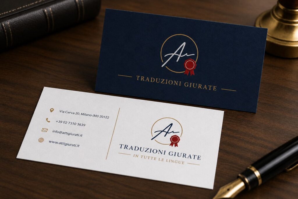 Biglietto da visita elegante per servizi di traduzioni giurate e certificate Atti Giurati Milano con logo oro e blu professionale